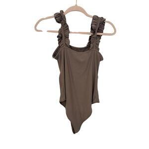 Entro Tan Ribbed Ruffled Tank Sleeveless Bodysuit Basic Casual Normcore Layer